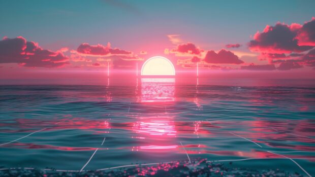 Retro wave aesthetic with neon grids and a cool sunset horizon laptop wallpaper.