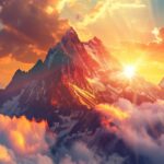Rocky mountain peak with dramatic clouds, sun breaking through, majestic view, Nature HD desktop Wallpaper .