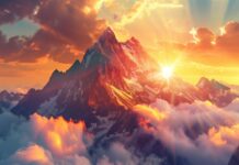 Rocky mountain peak with dramatic clouds, sun breaking through, majestic view, Nature HD desktop Wallpaper .