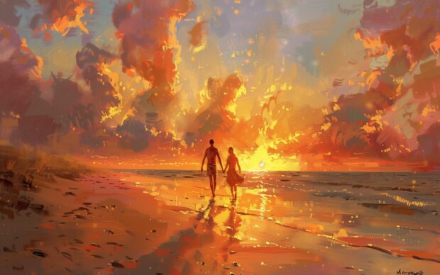Romantic beach sunset Background 1080p with a couple walking along the shore.