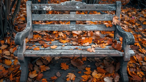 Rustic wooden bench surrounded by fallen autumn leaves, Autumn Wallpaper for Desktop.