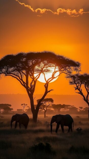 Safari sunset with silhouettes of elephants and acacia trees.