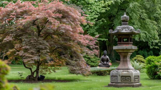 Samurai Background 4K with a serene garden with a stone lantern and bonsai trees, featuring a samurai meditating under a maple tree.