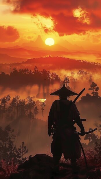 Samurai Background for iPhone with a silhouette of a samurai standing on a hilltop, overlooking a mist covered valley.