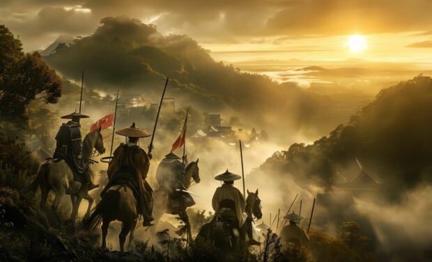 Samurai Desktop Wallpaper HD with a group of samurai on horseback riding through a foggy mountain pass.
