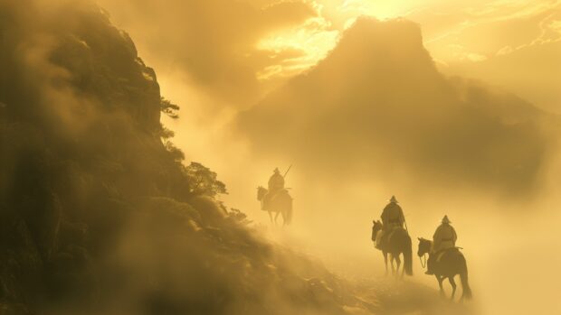 Samurai HD Background with a group of samurai on horseback riding through a foggy mountain pass.