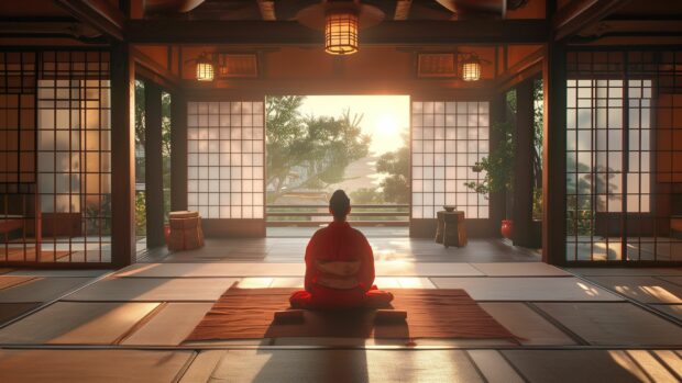 Samurai HD Background with a samurai observing respectfully, surrounded by tatami mats and sliding paper doors.