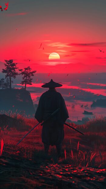 Samurai Wallpaper 4K with a silhouette of a samurai standing on a hilltop, overlooking a mist covered valley.