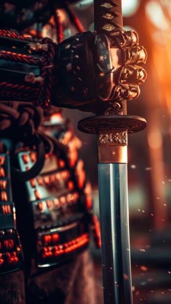 Samurai Wallpaper 4K with close up of a samurai hand gripping the hilt of a katana, with sunlight glinting off the blade.