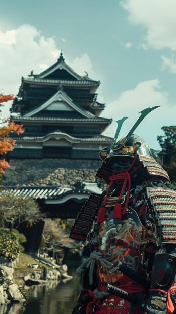 Samurai Wallpaper iPhone 4K with a samurai warrior in full armor, standing stoically in front of a traditional Japanese castle.