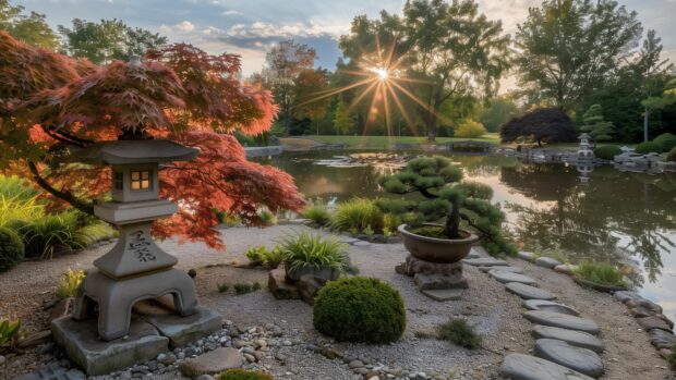 Samurai Wallpaper with a stone lantern and bonsai trees, featuring a samurai meditating under a maple tree.