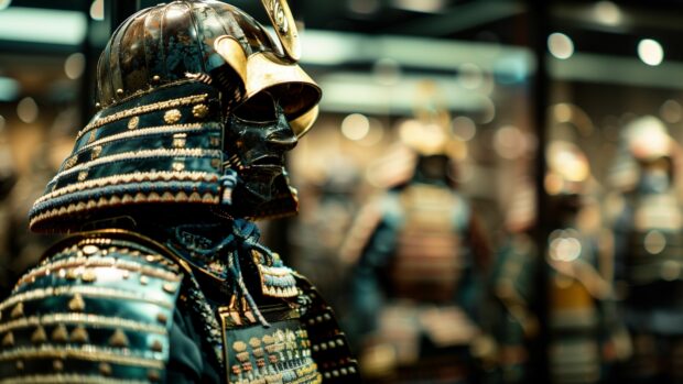 Samurai armor displayed in a museum setting, illuminated by soft lighting to highlight its historical significance.