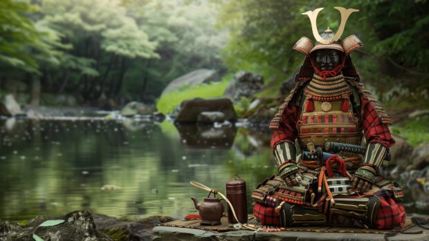 Samurai armor pieces arranged artistically against a backdrop of a serene Japanese garden.