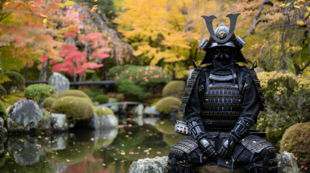 Samurai armor pieces arranged artistically against a backdrop of a serene Japanese garden.