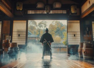 Samurai practicing martial arts in a traditional dojo with wooden training dummies, 4K Desktop Wallpaper.