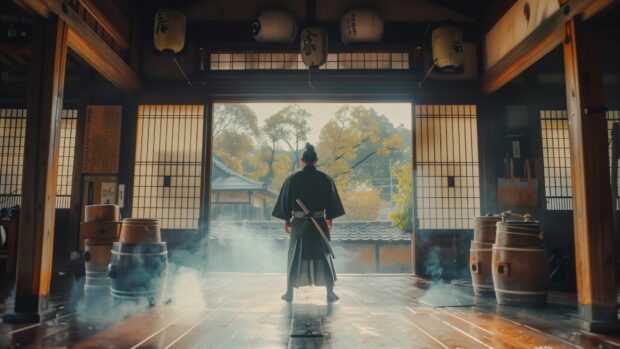 Samurai practicing martial arts in a traditional dojo with wooden training dummies, 4K Desktop Wallpaper.