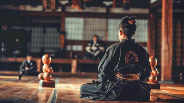 Samurai practicing martial arts in a traditional dojo with wooden training dummies.