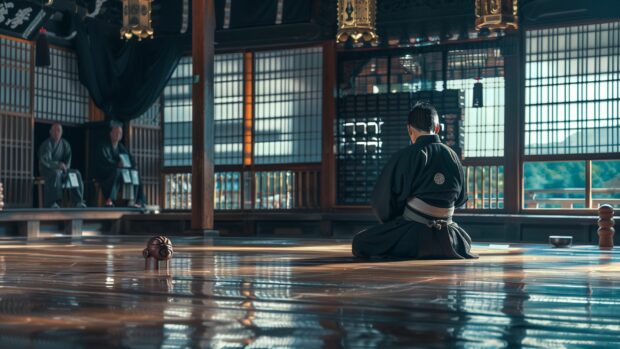 Samurai practicing martial arts in a traditional dojo with wooden training dummies, Samurai HD Background for desktop.