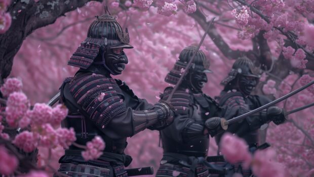 Samurai warriors in traditional armor performing a ceremonial sword dance under cherry blossom trees.