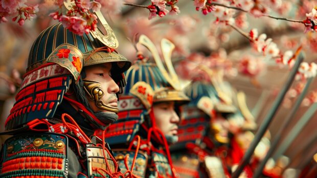 Samurai warriors in traditional armor performing a ceremonial sword dance under cherry blossom trees, Samurai Wallpaper 4K.