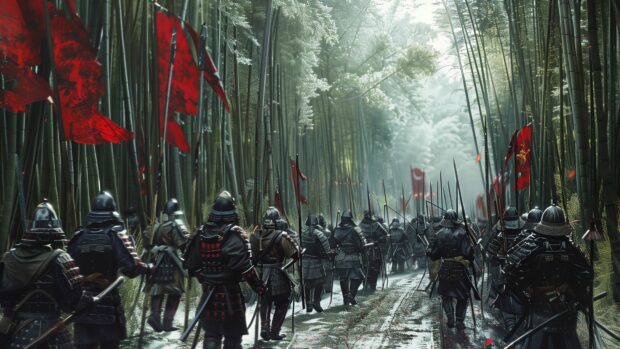 Samurai warriors marching through a bamboo forest with spears and flags.