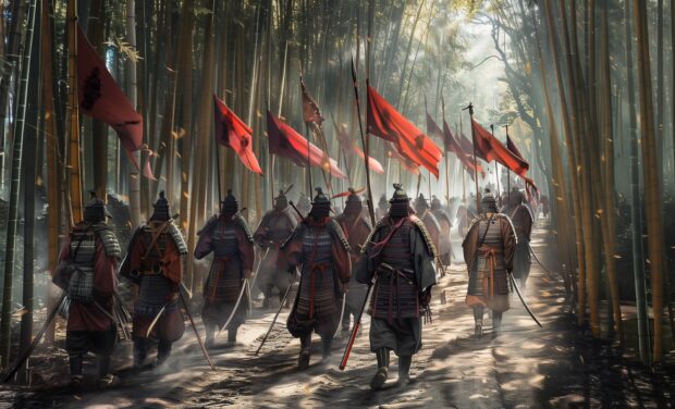 Samurai warriors marching through a bamboo forest with spears and flags.