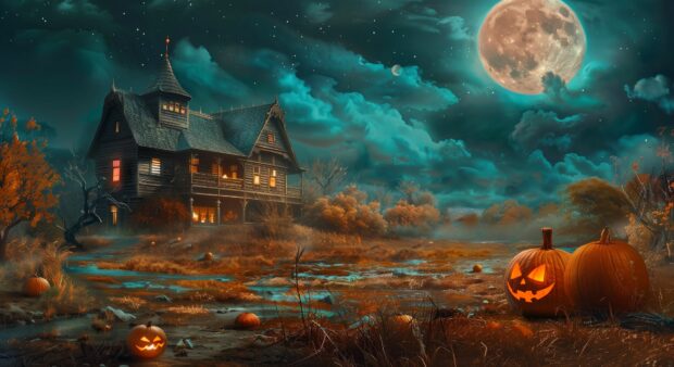 Scary Halloween Wallpaper with pumpkins, witches, full moon and haunted house.