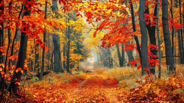 Scenic view of an autumn  4K wallpaper forest with vibrant red, orange, and yellow leaves.