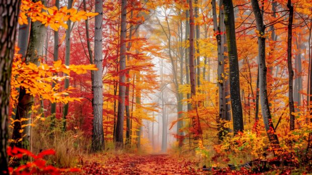Scenic view of an autumn forest with vibrant red, orange, and yellow leaves.