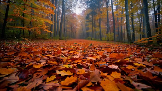 Scenic view of fall leaves on a forest floor, capturing the essence of autumn.