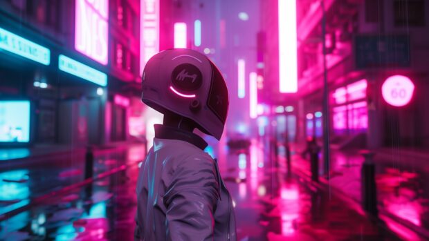Sci Fi 4K Wallpaper with a robotic warrior standing in a neon lit cyberpunk city.