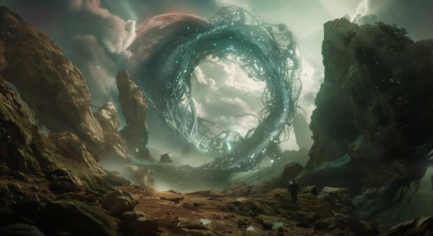 Sci Fi Desktop HD Wallpaper with a portal opening to another dimension with swirling energy.