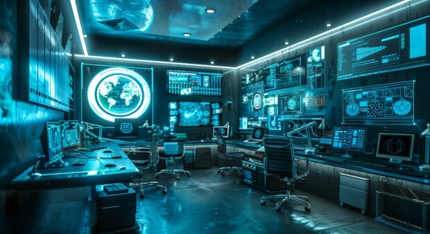 Sci Fi Desktop Wallpaper HD with a futuristic lab with holographic displays and advanced technology.