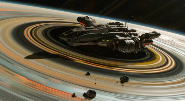 Sci Fi Desktop Wallpaper with a space station orbiting a gas giant with colorful rings.