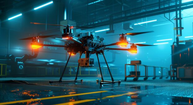 Sci Fi Wallpaper Desktop HD  with an AI controlled drone patrolling a high tech facility.