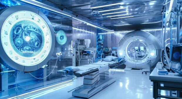Sci fi desktop wallpaper with a futuristic lab with holographic displays and advanced technology.