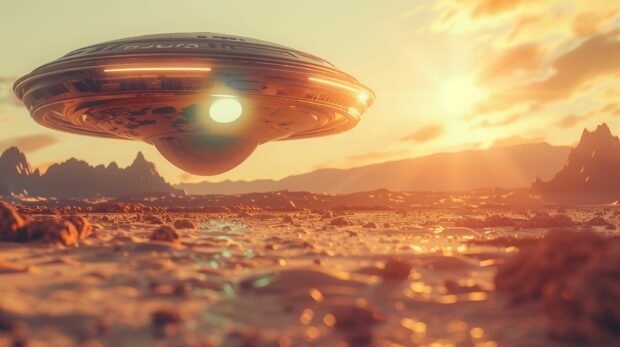 Sci fi wallpaper for desktop with a mysterious alien artifact emitting a strange glow in a desert.