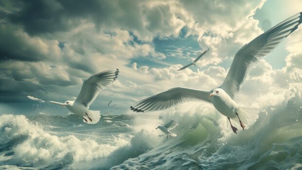 Seagulls soaring through the wind of an intense ocean storm.