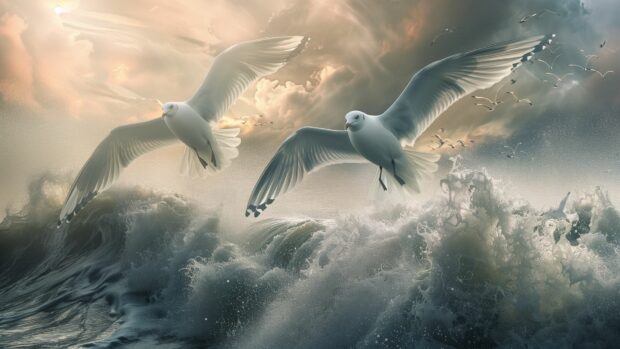 Seagulls soaring through the wind of an intense ocean storm, ocean waves background.