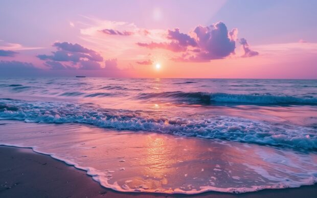 Serene beach sunset Background HD with vibrant orange and pink hues.