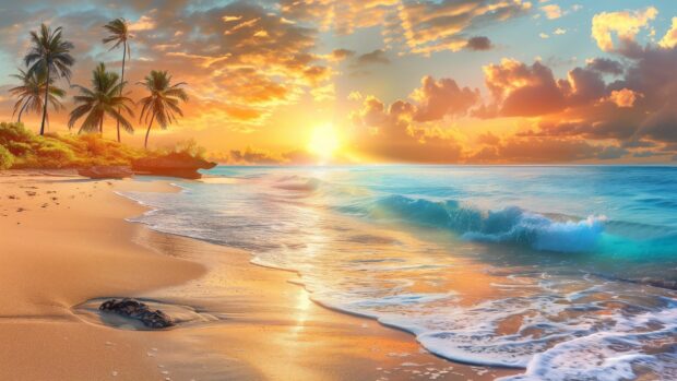 Serene beach sunset with palm trees and cool gentle waves laptop wallpaper HD.