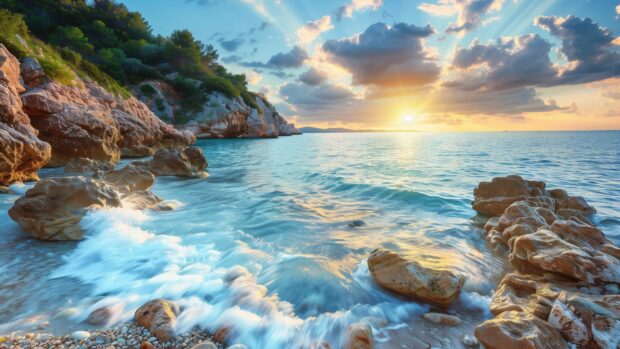 Serene beach with smooth rocks, gentle waves, colorful sunset, 1080p HD Wallpapers.