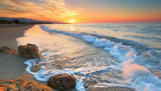 Serene beach with smooth rocks, gentle waves, colorful sunset.