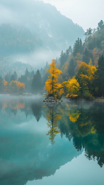Serene lake surrounded by vibrant autumn foliage, mirror like reflections, and soft morning light, Aesthetic Nature iPhone Background.