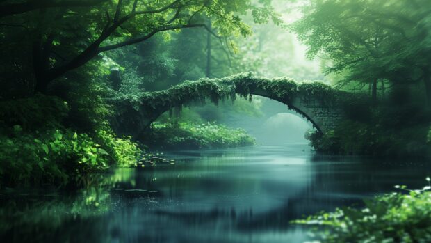 Serene river with a stone bridge, lush greenery, soft sunlight, Nature HD  Wallpaper desktop.