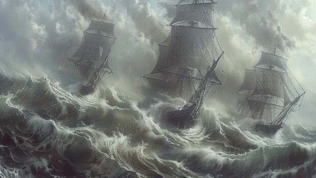 Ships battling through towering waves in the midst of an ocean storm.