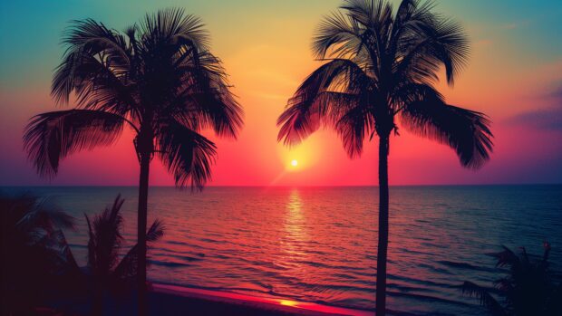 Silhouette of palm trees against a colorful ocean sunset 4K HD Wallpaper.