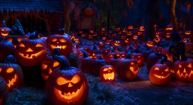 Sinister Halloween pumpkin patch with carved jack o lanterns.