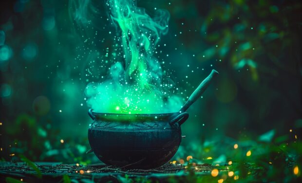 Sinister Halloween witch cauldron bubbling with green potion in the forest.