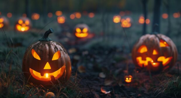 Sinister Pumpkin Halloween patch with carved jack o lanterns.